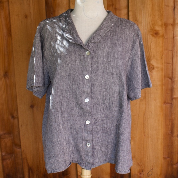 Flax 100% Linen Charcoal Grey Short Sleeve Button Down Blouse - Picture 1 of 14